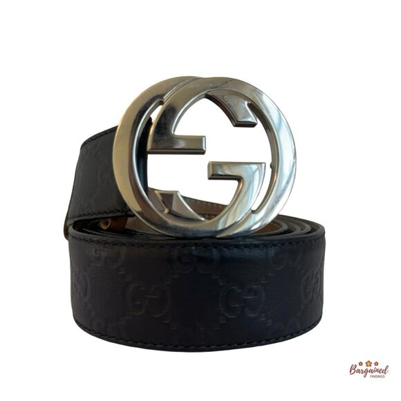 Auth Gucci Black Guccissima Leather Silver Interlocking G Buckle Belt 115/46 - Picture 1 of 13